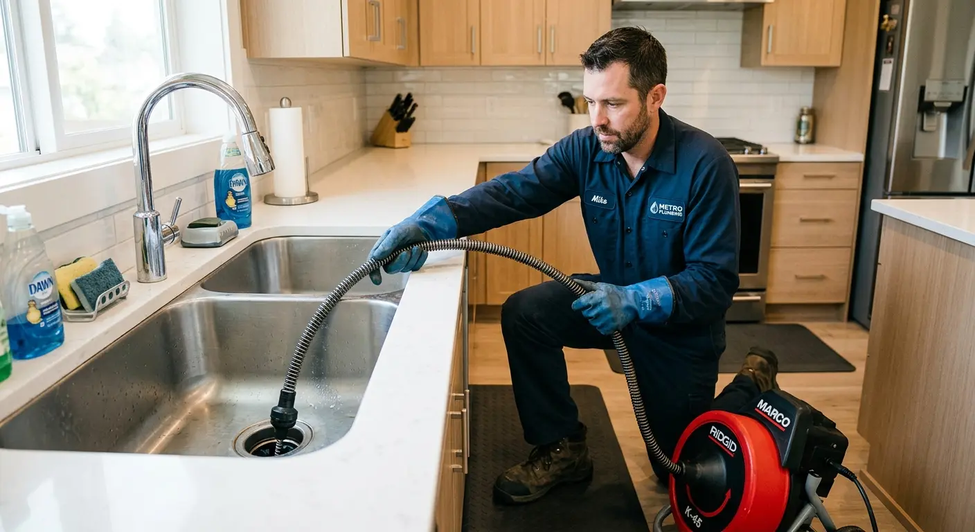 Drain cleaning technician using a motorized snake on a kitchen sink in McLean