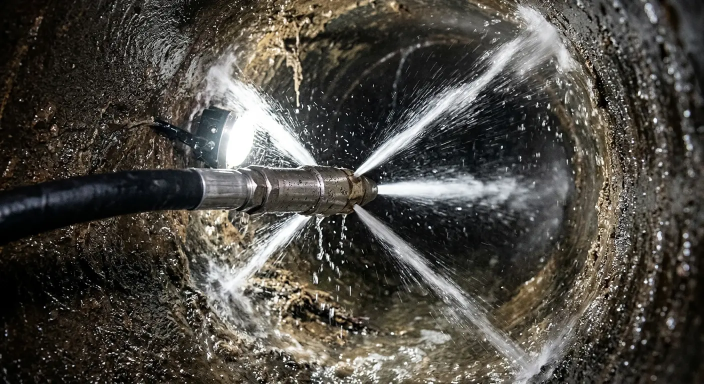 High-pressure hydro jetting nozzle cleaning sewer pipe for Trenchless Sewer Repair in McLean