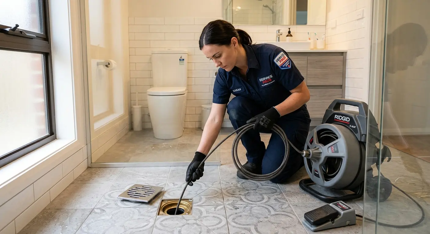 Technician clearing a bathroom floor drain for Drain Cleaning in McLean